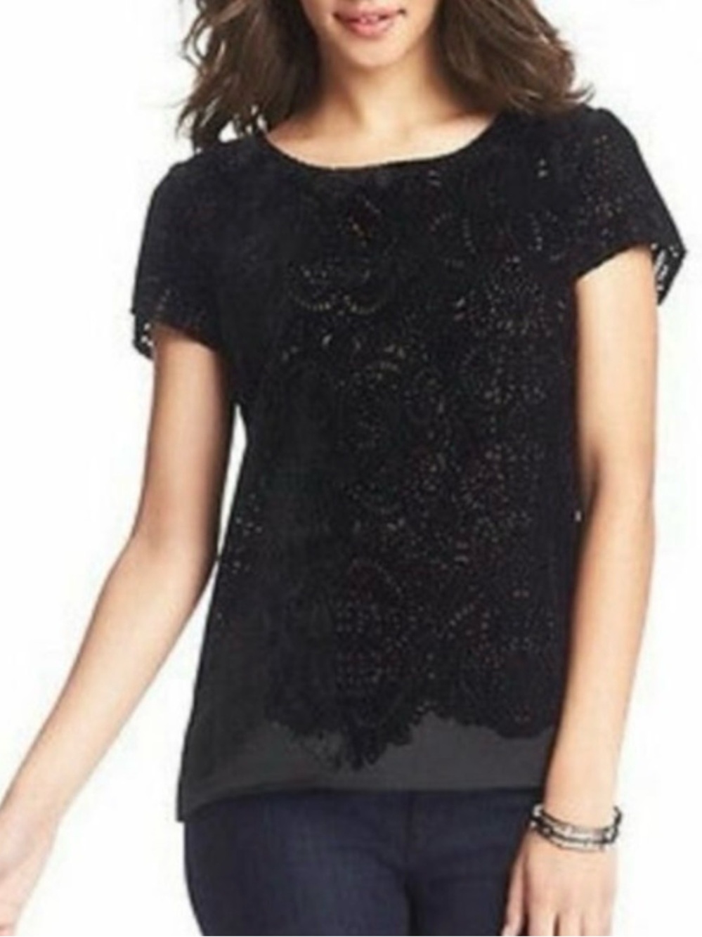 NWOT LOFT Black Velvet Burnout Short Sleeve Top